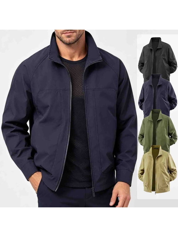 Men Stand Collar Lightweight Jacket, Full Zip Mesh Lined Windbreaker with Side Pockets, Loose Fitting Casual Breathable Outerwear for Outdoor Streetwear Blue M
