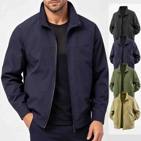Men Stand Collar Lightweight Jacket, Full Zip Mesh Lined Windbreaker with Side Pockets, Loose Fitting Casual Breathable Outerwear for Outdoor Streetwear Blue XL