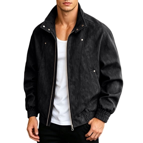 Men Stand Collar Suede Jacket, Zip Up Long Sleeve Coat Lightweight Windproof Outerwear Black XXXL(XXXL)