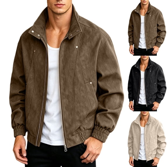 Men Stand Collar Suede Jacket, Zip Up Long Sleeve Coat Lightweight Windproof Outerwear Khaki XL(XL)