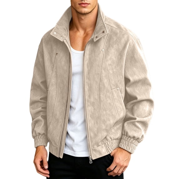 Men Stand Collar Suede Jacket, Zip Up Long Sleeve Coat Lightweight Windproof Outerwear Khaki XXXXL(XXXXL)
