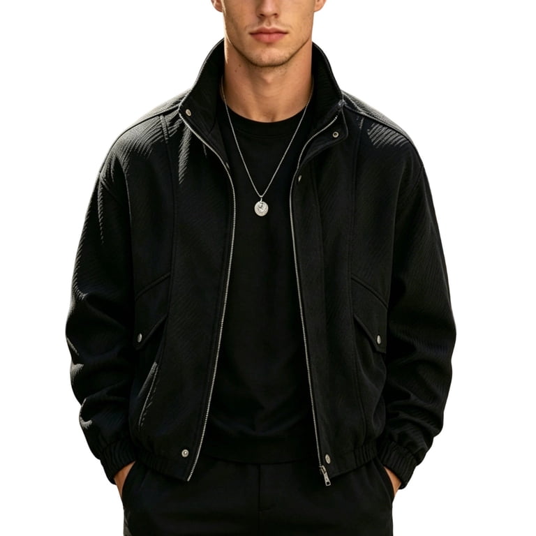 Men Stand Collar Zip Up Jacket, Loose Cropped Bomber Coat with
