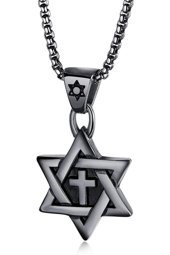 Men Star Of David Necklace Stainless Steel Six Pointed Megan Star Cross Pendant - Black/Silver/Gold Tone