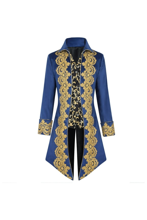Men Steampunk Coat Gothic Medieval Vintage Embroidery Tailcoat Frock Coat Halloween Costume Blue S