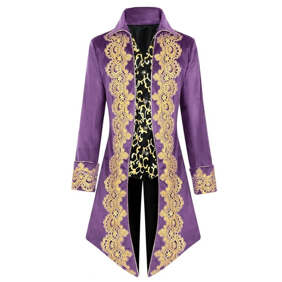 Men Steampunk Coat Gothic Medieval Vintage Embroidery Tailcoat Frock Coat Halloween Costume Purple L