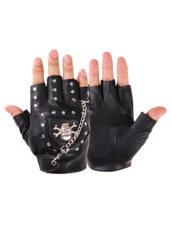 Men Steampunk Half Finger Gloves Metal Chain Rivets Biker Fingerless Mittens