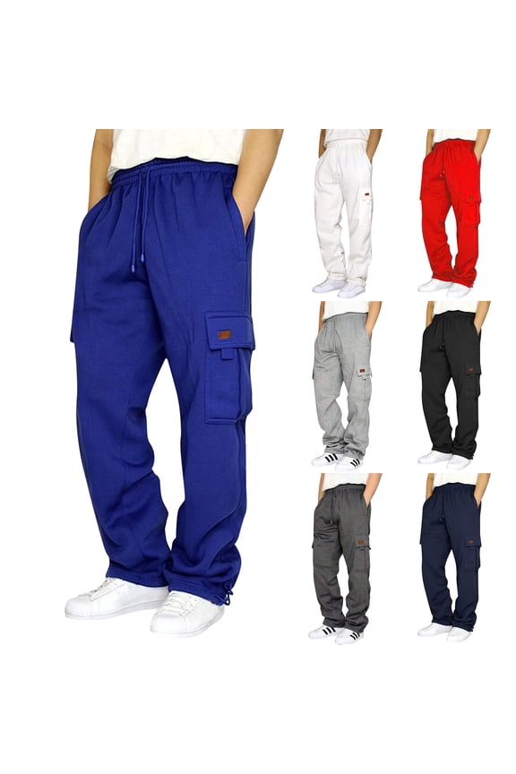 Men Straight Cut Casual Cargo Trousers Elastic Drawstring Waist Side Big Pocket Sweat Pants Blue 3XL