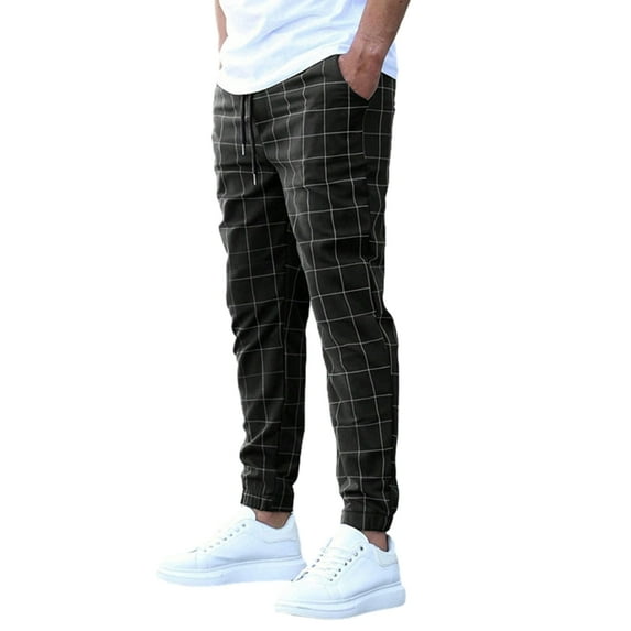Men Straight Fit Plaids Drawstring Pants Casual Long Pants Elastic Waist Drawstring Slant Pockets Male Trousers