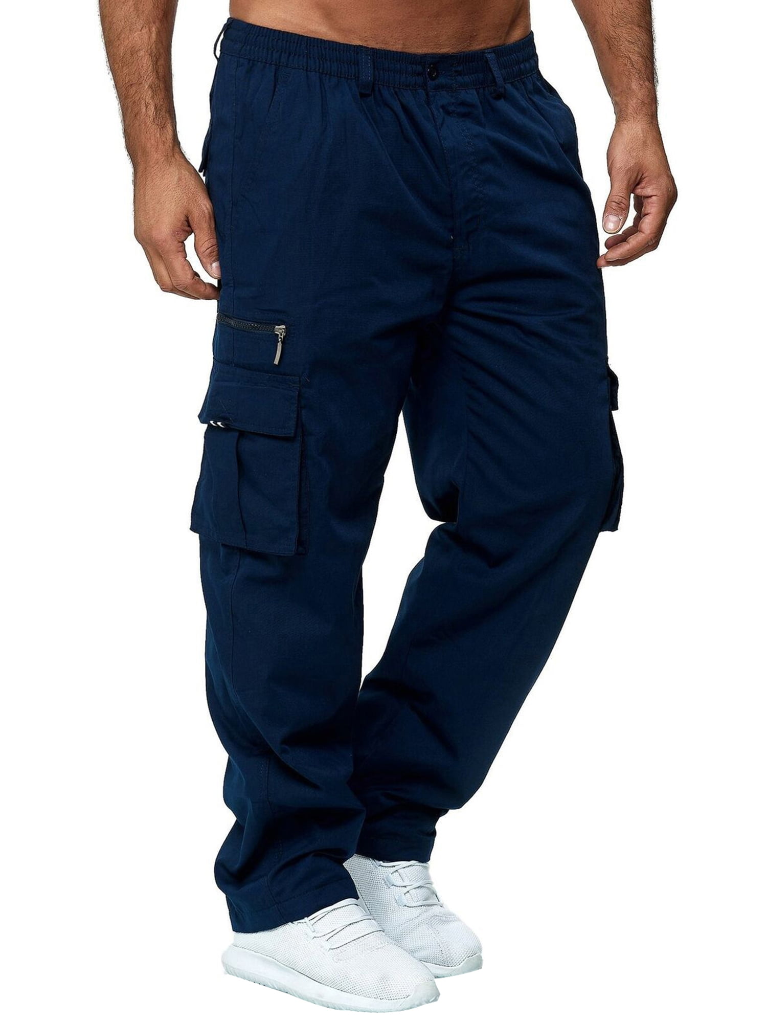 Men Straight Pants Middle Stretch Waist Relaxed Cargo Pants Loose Slimming  Side Pockets Sport Casual Trousers