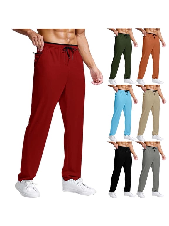 Men Straight Quick Dry Athletic Pants Sevevn Elastic Drawstring Waist Zipper Side Pockets Light Solid Breathable Trousers For Workout Running Daily Lounging