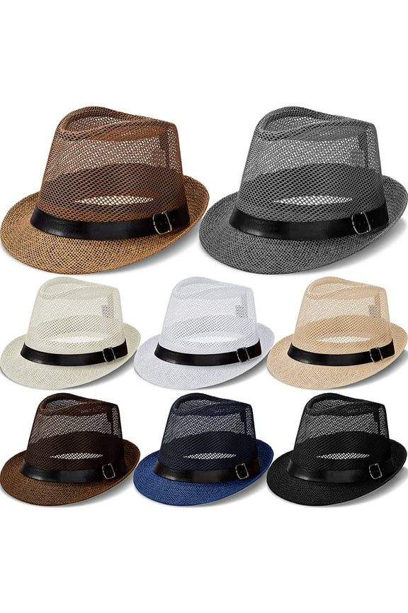 Men Straw Fedora Hat Cowboy Race Day Panama Hat Plaid Sun Protection Jazz Hats Summer Beach Short Brimmed Mesh Hats for Traveling Fishing