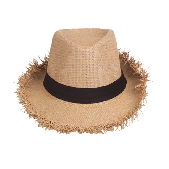 Men Straw Fedora Hat Frayed Brim Breezy Woven Sun Hat With Band Beach Travel Hat For Summer Days