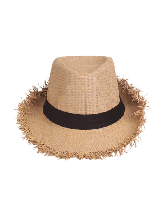 Men Straw Fedora Hat Frayed Brim Breezy Woven Sun Hat With Band Beach Travel Hat For Summer Days