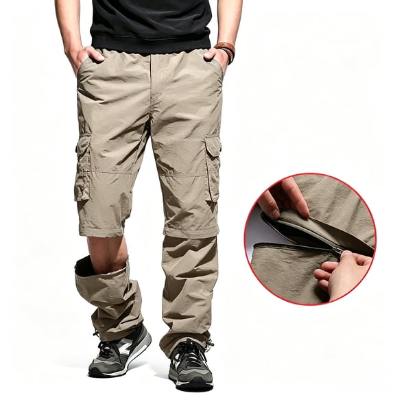Men Stretch Multi Pocket Cargo Pants Straight Leg Zip Off Water Repellent Lightweight Travel Pants