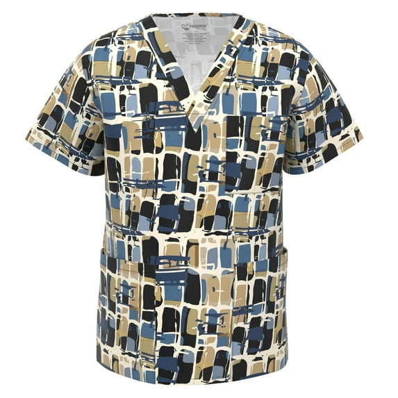 Men Stretch Print Scrub Top - Medical Uniform Men Nurse School Print Scrubs V Neck Top PSM105 M001 XS