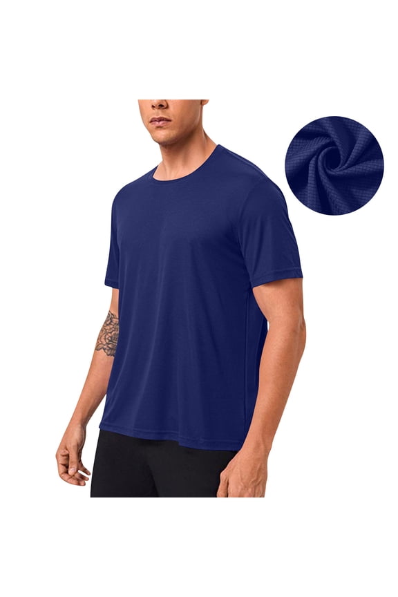 Men Stretch Running Fitness T-Shirt Fashion Casual Solid Color Athletic Breathable Short Sleeve Mesh Tee Tops for Workout Training Dark Blue S