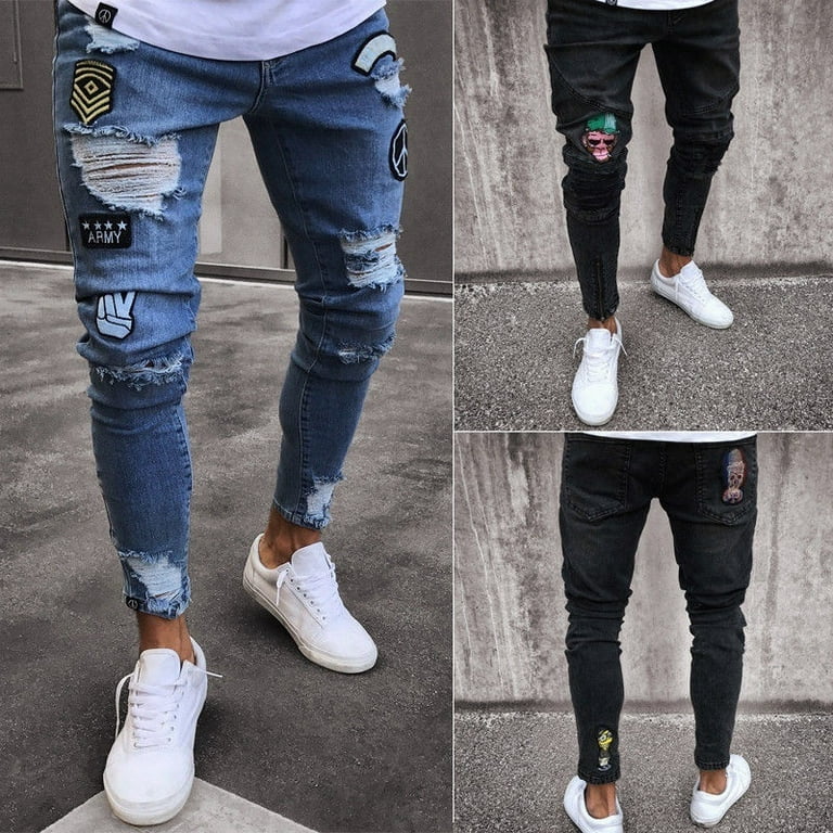 Men Stretchy Ripped Skinny Jeans Destroyed Taped Slim Fit Denim Pant