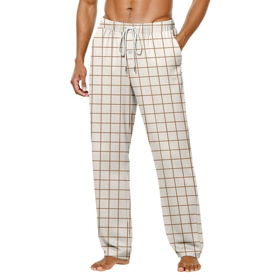 Men Striped Gingham Pants 2025 2026 Pajama Lounge Boxer Pants Cute PJ Bottoms with Drawstring Casual Wide Leg Trousers with Pockets (15-Beige, 3X-Large)