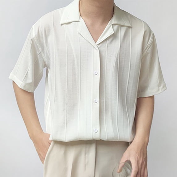 Men Striped Lapel Short Sleeve Button Shirt Korean Casual Solid Color Streetwear