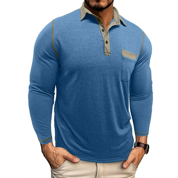 Men Striped Polo Shirts Casual Long Sleeve Color Block Turn-Down Collar Button T-Shirt Business Golf Athletic Slim Fit Sports Tops Summer Mens Clothes T Shirt Polo Tshirts for Men Blue XXXL