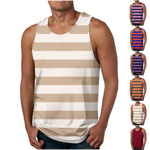 Men Striped Tank Tops - Stretch Regular Fit Sleeveless Workout Tees Muscle Gym Sports Undershirts