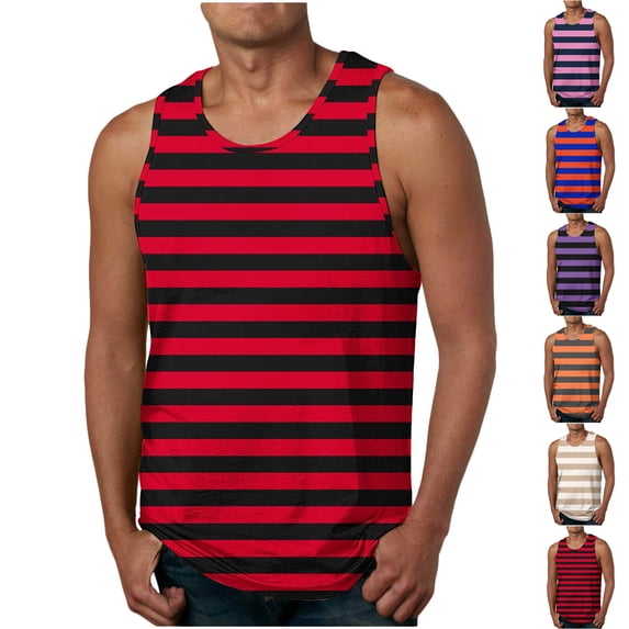 Men Striped Tank Tops - Stretch Regular Fit Sleeveless Workout Tees Muscle Gym Sports Undershirts
