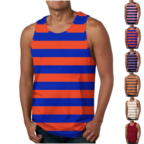 Men Striped Tank Tops - Stretch Regular Fit Sleeveless Workout Tees Muscle Gym Sports Undershirts