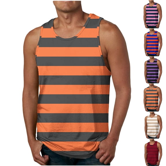 Men Striped Tank Tops - Stretch Regular Fit Sleeveless Workout Tees Muscle Gym Sports Undershirts