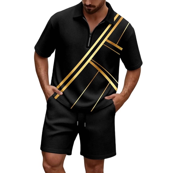 Men Striped Waffle Knit 2 Piece Outfit, Half Zip Short Sleeve Polo Shirt & Matching Drawstring Shorts Summer Casual Set Black XL