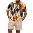 thumbnail image 1 of Men Striped Waffle Knit 2 Piece Outfit, Half Zip Short Sleeve Polo Shirt & Matching Drawstring Shorts Summer Casual Set Khaki L, 1 of 4