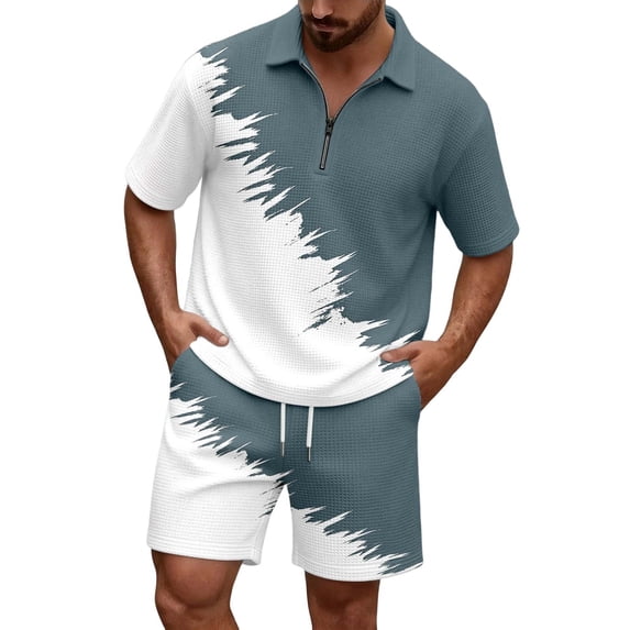 Men Striped Waffle Knit 2 Piece Outfit, Half Zip Short Sleeve Polo Shirt & Matching Drawstring Shorts Summer Casual Set White XL