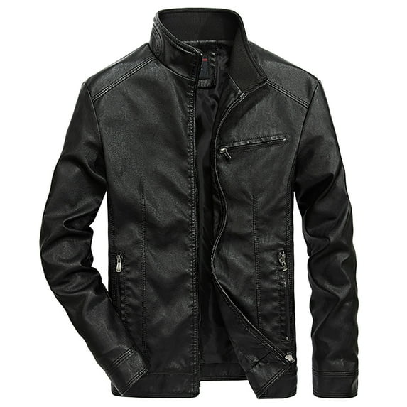 Men Stylish Zip-Up Faux Leather Jacket Stand Collar Motorcycle Cardigan Aviator Jacket Slim Warm Bomber Coat Overcoat