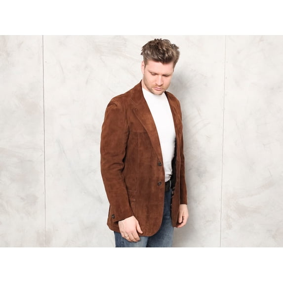 Men Suede Jacket vintage 80s outerwear brown long coat boyfriend gift leather jacket coat
