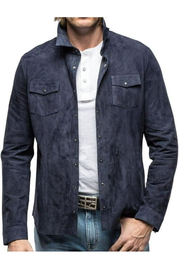 Men Suede Leather Navy Blue Jacket Shirt Overocat Leightweight Coat A309