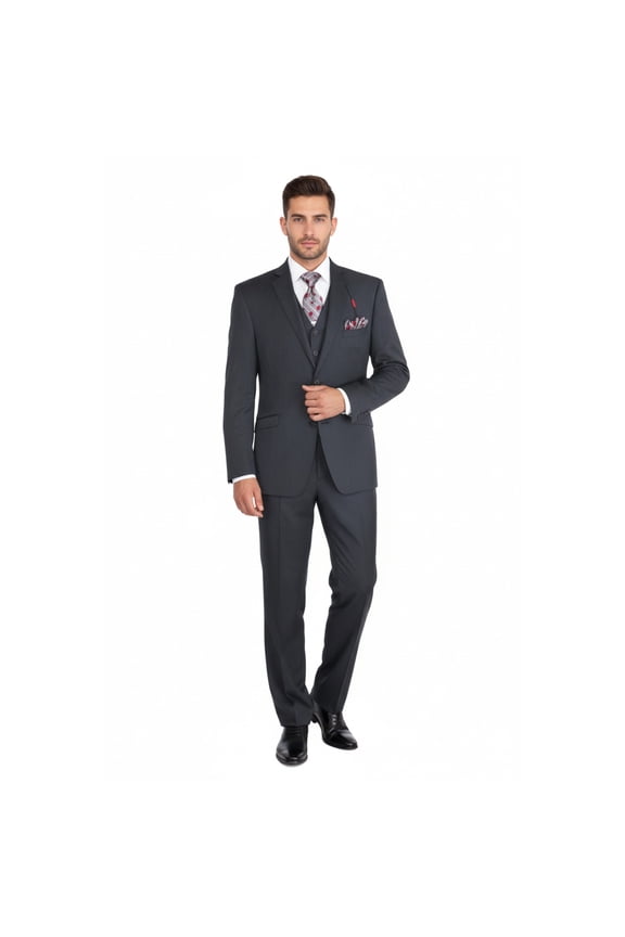 Men Suit ADOLFO 3Pc 100% Soft Wool Vested Business Formal 2 Button 1608 Charcoal