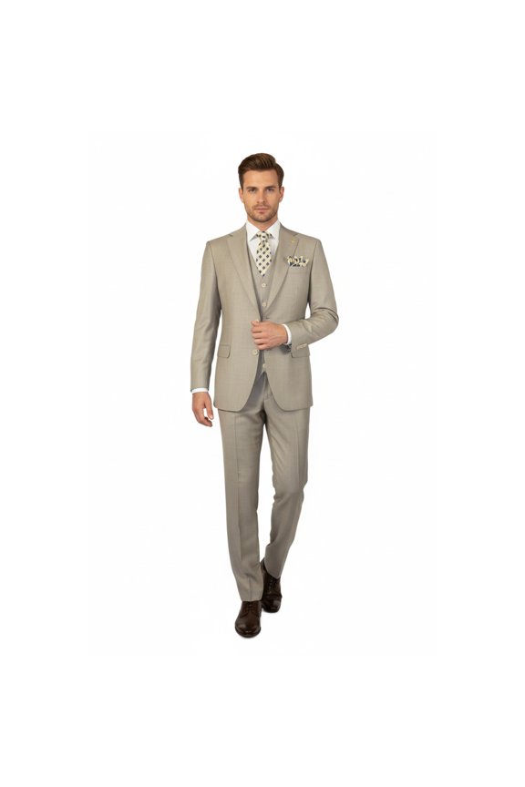Men Suit BERLUSCONI Turkey 100% Italian Wool Super 180's 3pc Vested #Ber13 Beige