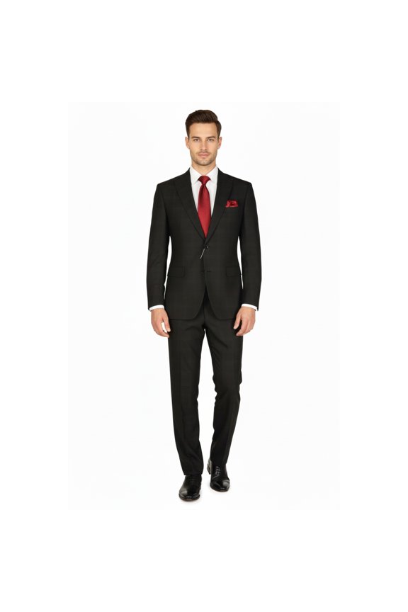 Men Suit BERLUSCONI Turkey Italian Wool 180's Single Breasted 623-01 Black Plaid