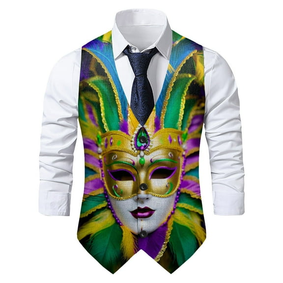Men Suit Vest Novelty 𝐌𝐚𝐫𝐝𝐢 𝐆𝐫𝐚𝐬 Vests Gothic Formal Waistcoat Vintage Graphic Print Tuxedo Vests for 𝐂𝐚𝐫𝐧𝐢𝐯𝐚𝐥 𝐏𝐚𝐫𝐚𝐝𝐞