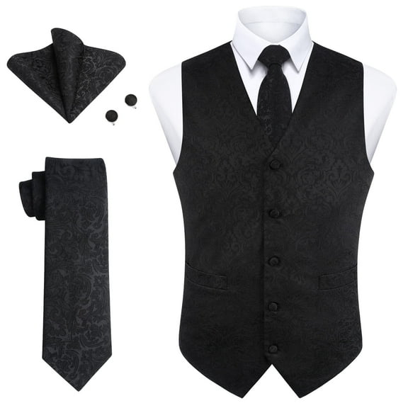 Formal Men Suit Vest Black Floral Jacquard Tie Waistcoat Pocket Square Cufflinks Set Wedding Tuxedo