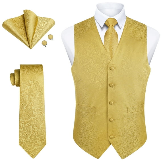 Men V-Neck Suit Vests Formal Men Vest Paisley Jacquard Tie Waistcoat Pocket Square Set Wedding 4PCS