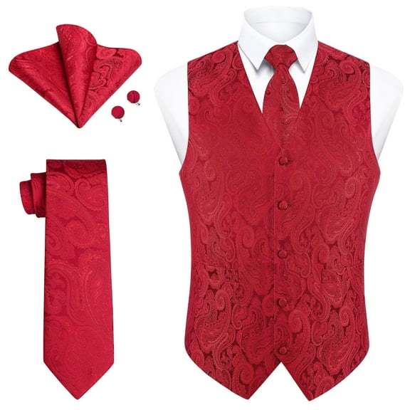 Men's Suit Vest Formal Red Paisley Jacquard Tie Pocket Square Cufflinks Waistcoat Set Wedding 4PCS