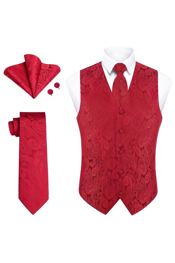 Men's Suit Vest Formal Red Paisley Jacquard Tie Pocket Square Cufflinks Waistcoat Set Wedding 4PCS