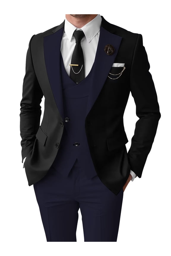 Men Suits Slim Fit 3 Piece Tuxedo Suit Set for Prom Fashion Blazer Vest Pant Set Navy Size M