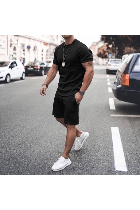Men Suits Summer & Shorts Shirts Beach Short 2Piece Sleeve Men Pants Sets Men Suits & Sets Black XL