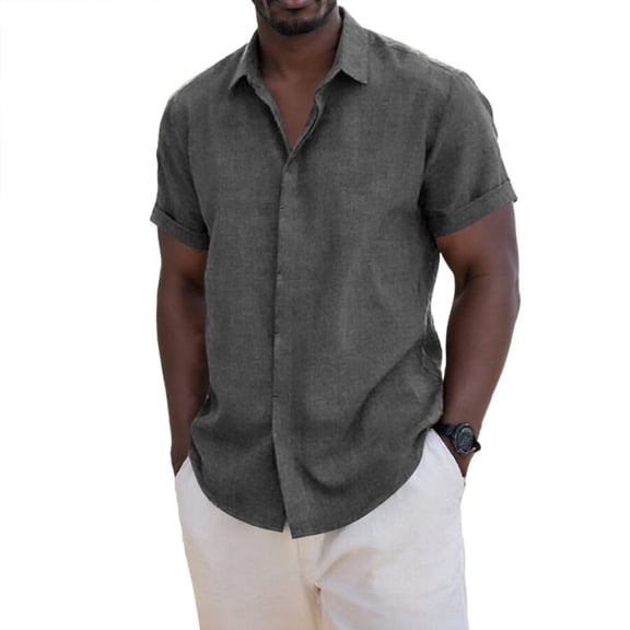 Men Summer Casual Cotton Linen Shirts Vacation Lapel Roll Up Short Sleeve Button Blouses Beach Trendy Comfy Solid Color Tops