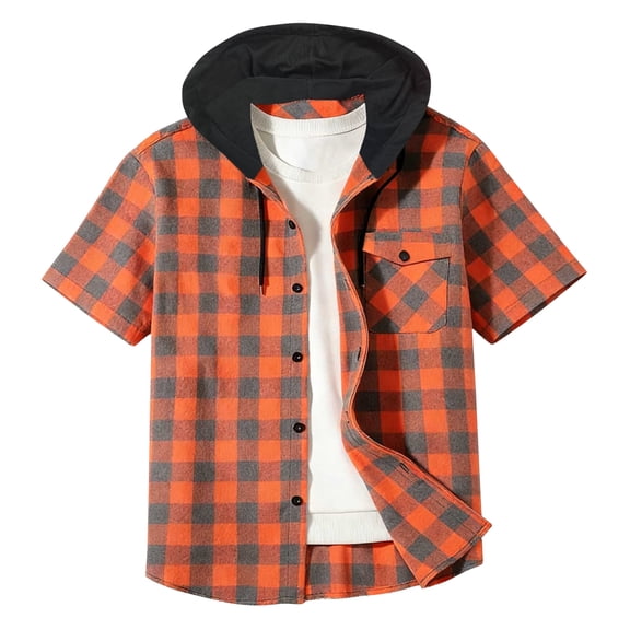 Men Summer Casual Plaid Hoodies Vintage Loose Short Sleeve Button Hooded Shirts Trendy Loose Fit Comfy Soft Tops With Pockets