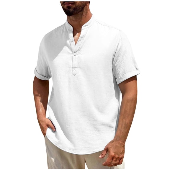 Men Summer Cotton Linen Shirts Casual Henley Short Sleeve Tshirts Loose Fit Solid Color Blouses Comfy Soft Quarter Button Tops