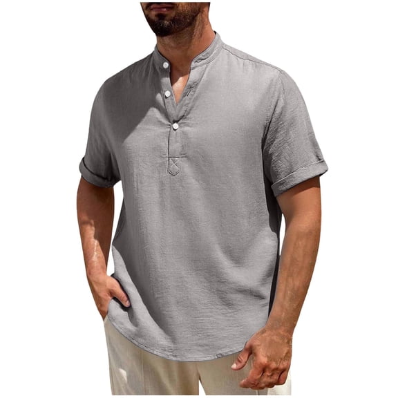 Men Summer Cotton Linen Shirts Casual Henley Short Sleeve Tshirts Loose Fit Solid Color Blouses Comfy Soft Quarter Button Tops