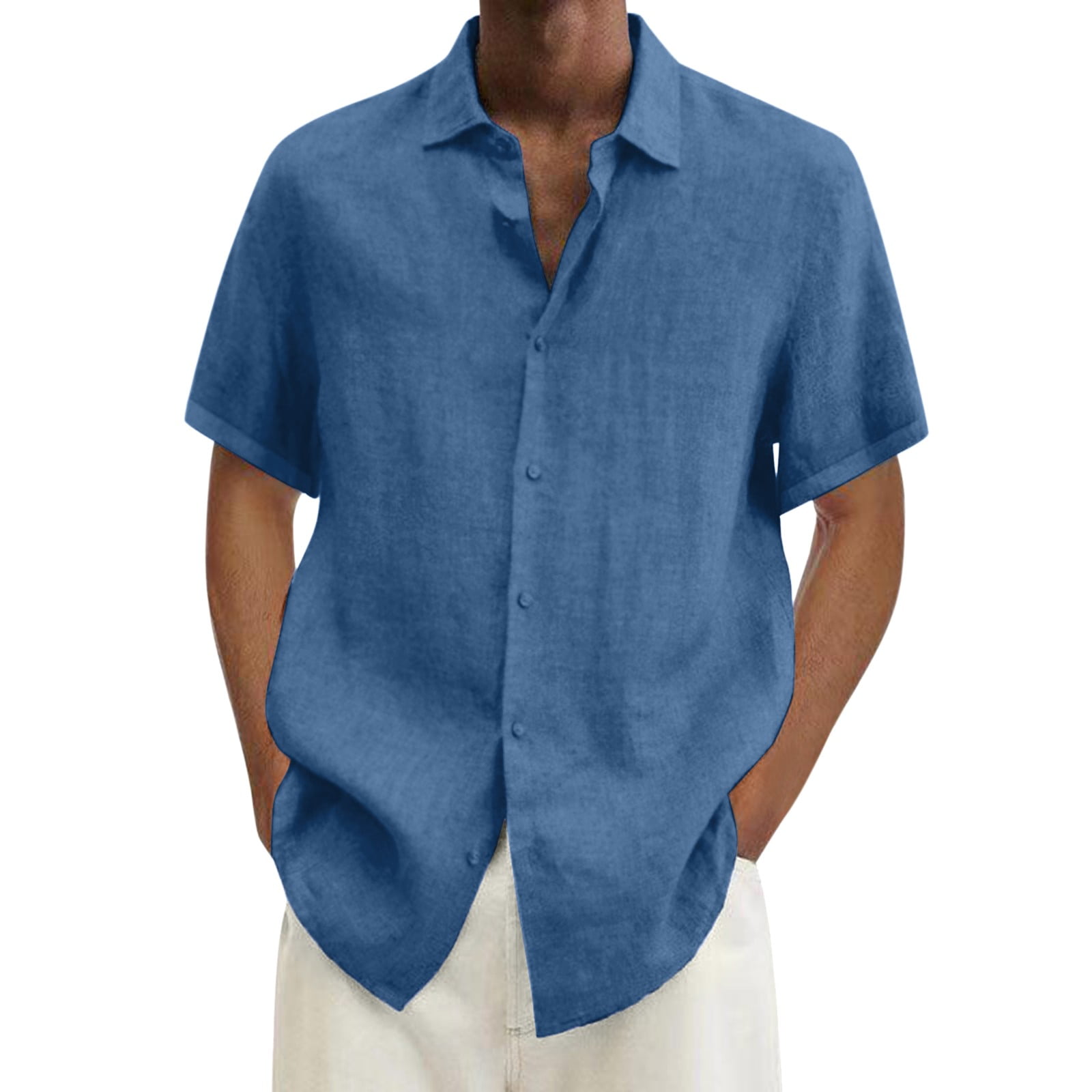 Men Summer Hawaii Solid Shirt Short Sleeve Double Pocket Turn Down ...