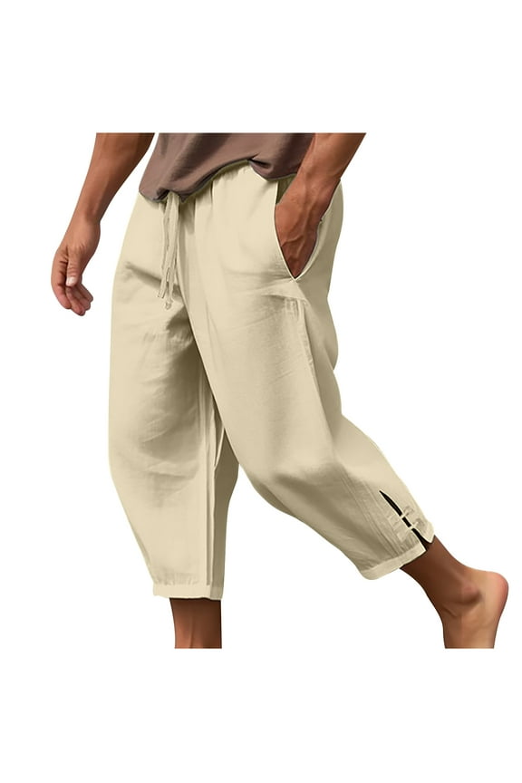 Men Summer Hippie Harem Pants, Big and Tall Beach Capri Yoga Pants, Stylish Lightweight Drawstring Solid Capris